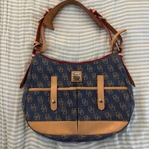Dooney & Bourke Navy DB Monogram Canvas Shoulder Bag with Tan Trim